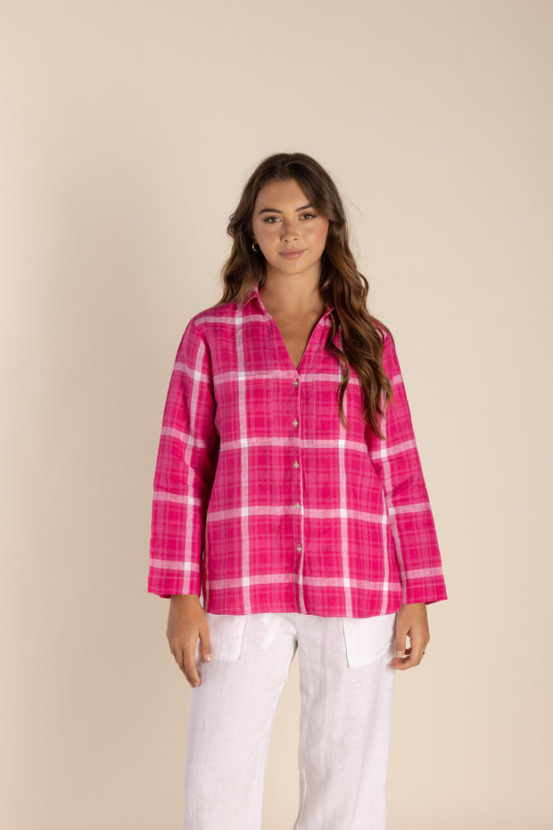 Top - Raspberry check Linen Shirt