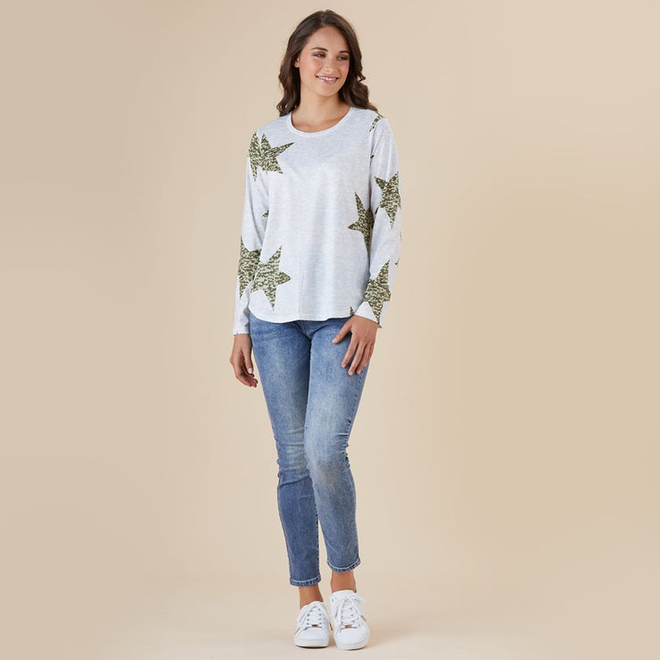 Top - Star Print Long SLV Tee by Threadz