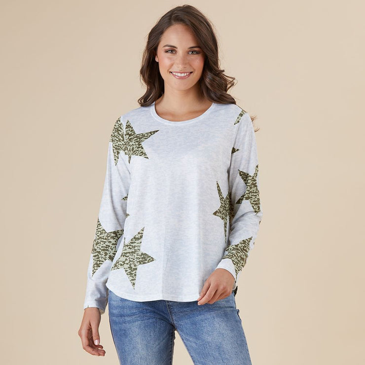 Top - Star Print Long SLV Tee by Threadz