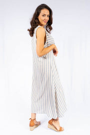 Dress - Viozene Denim/Beige Linen Mix Striped Maxi