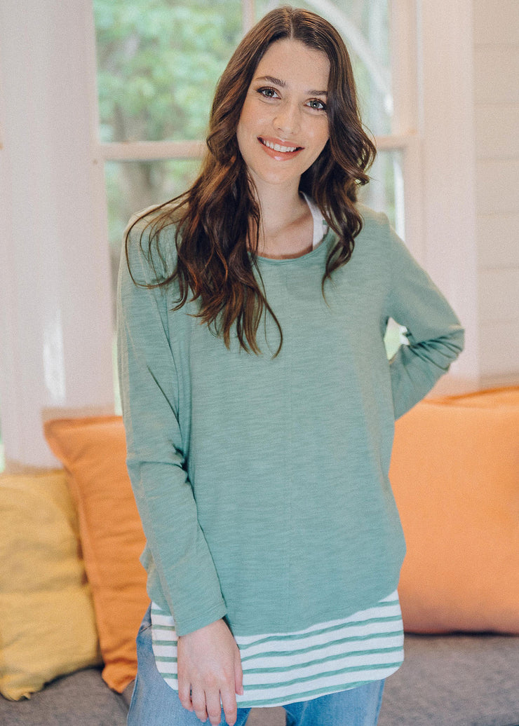 Top - Khaki 100% Cotton Long Sleeve Tee Shirt With Centre Seam