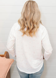 Top - White Pale Pink 100% Cotton Spot Print Long Sleeve Tee Shirt