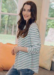 Top -White & Khaki Stripe 100% Cotton Long Sleeve Tee Shirt