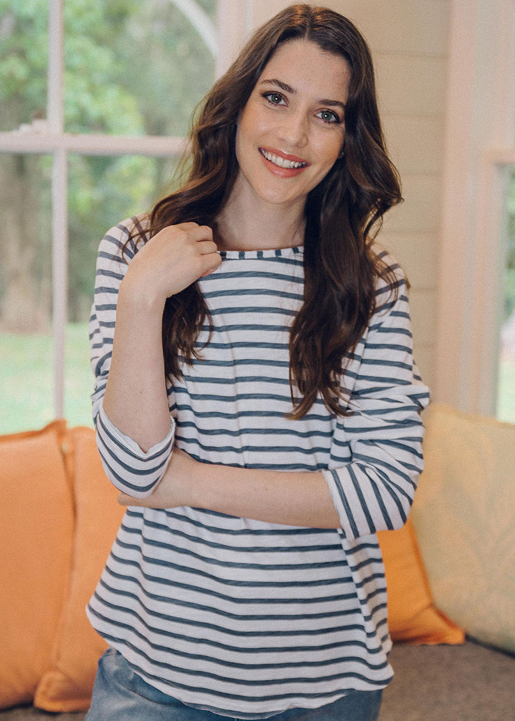 Top -White & Slate Stripe 100% Cotton Long Sleeve Tee Shirt
