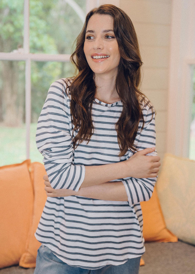 Top -White & Slate Stripe 100% Cotton Long Sleeve Tee Shirt