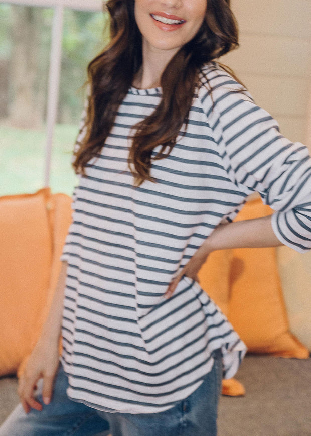 Top -White & Slate Stripe 100% Cotton Long Sleeve Tee Shirt
