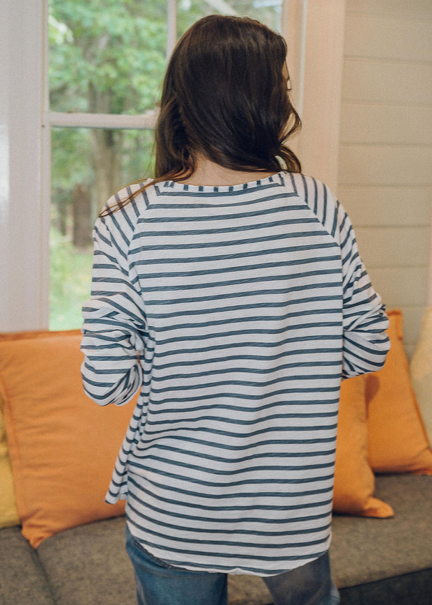 Top -White & Slate Stripe 100% Cotton Long Sleeve Tee Shirt