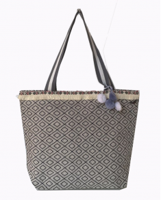 Bag - Linen Grey Aztec withn Pom Poms