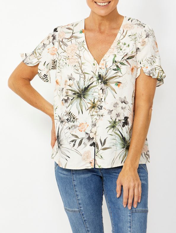 Top - Button Front Botanical Floral Linen Blouse by PingPong
