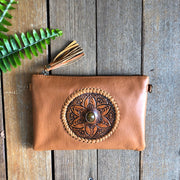 Bag - Hand Tooled Flower & Stone Leather Clutch