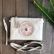 Bag - Hand Tooled Flower & Stone Leather Clutch